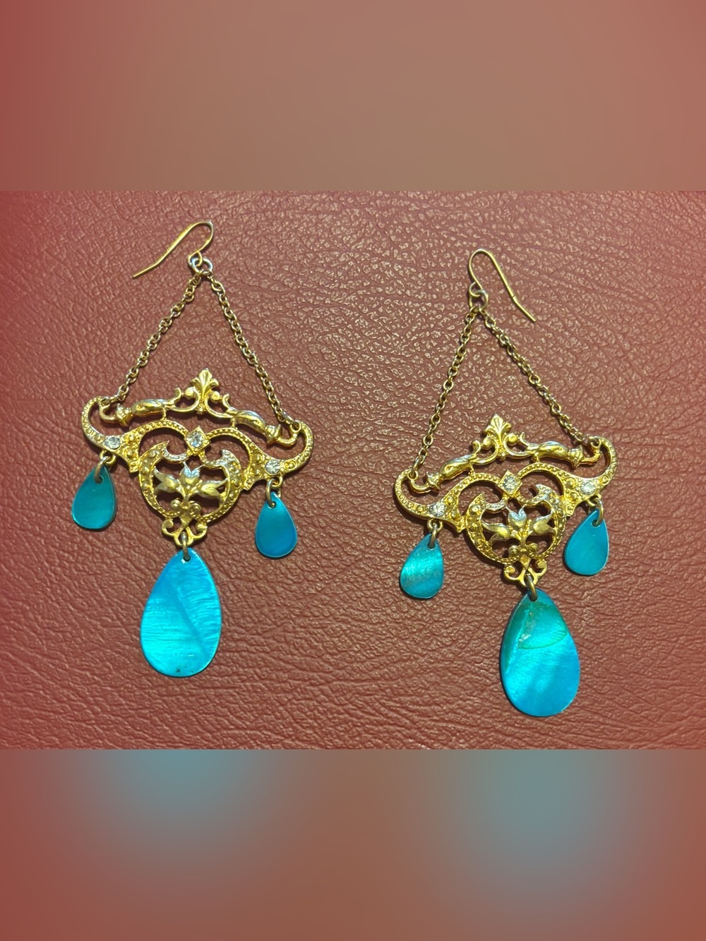 ✨Gold Filigree Drop Earrings with Turquoise Blue Teardrops